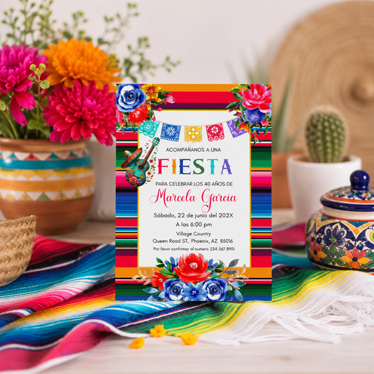 Mexican fiesta birthday party ideas with colorful invitation and vibrant decorations for a festive celebration.