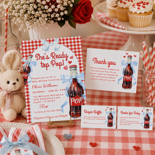She's Ready to Pop! Baby Shower Ideas Decorations Invitations & Party Inspiration with festive invitations and decor.