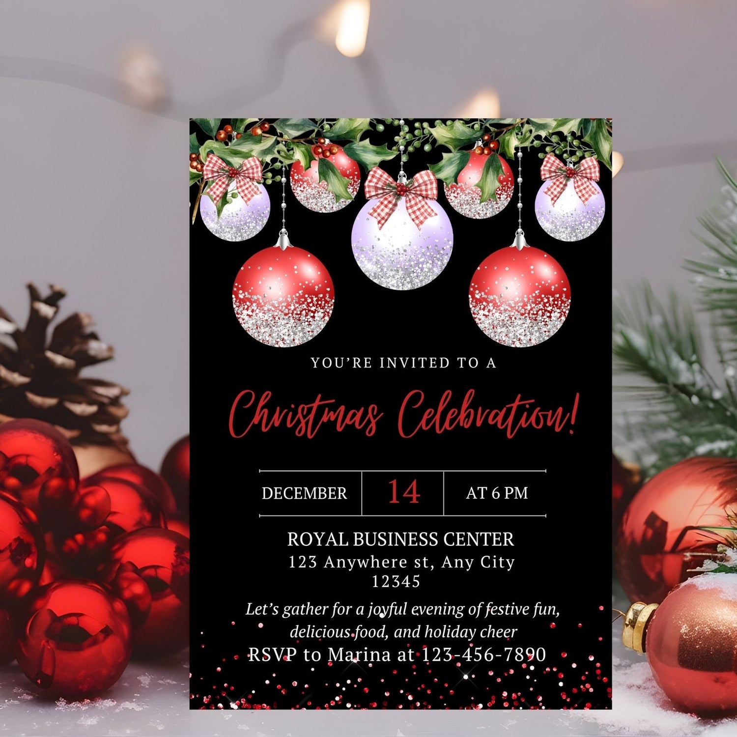 Editable Christmas Party Invitation, Red & Silver Ornaments design