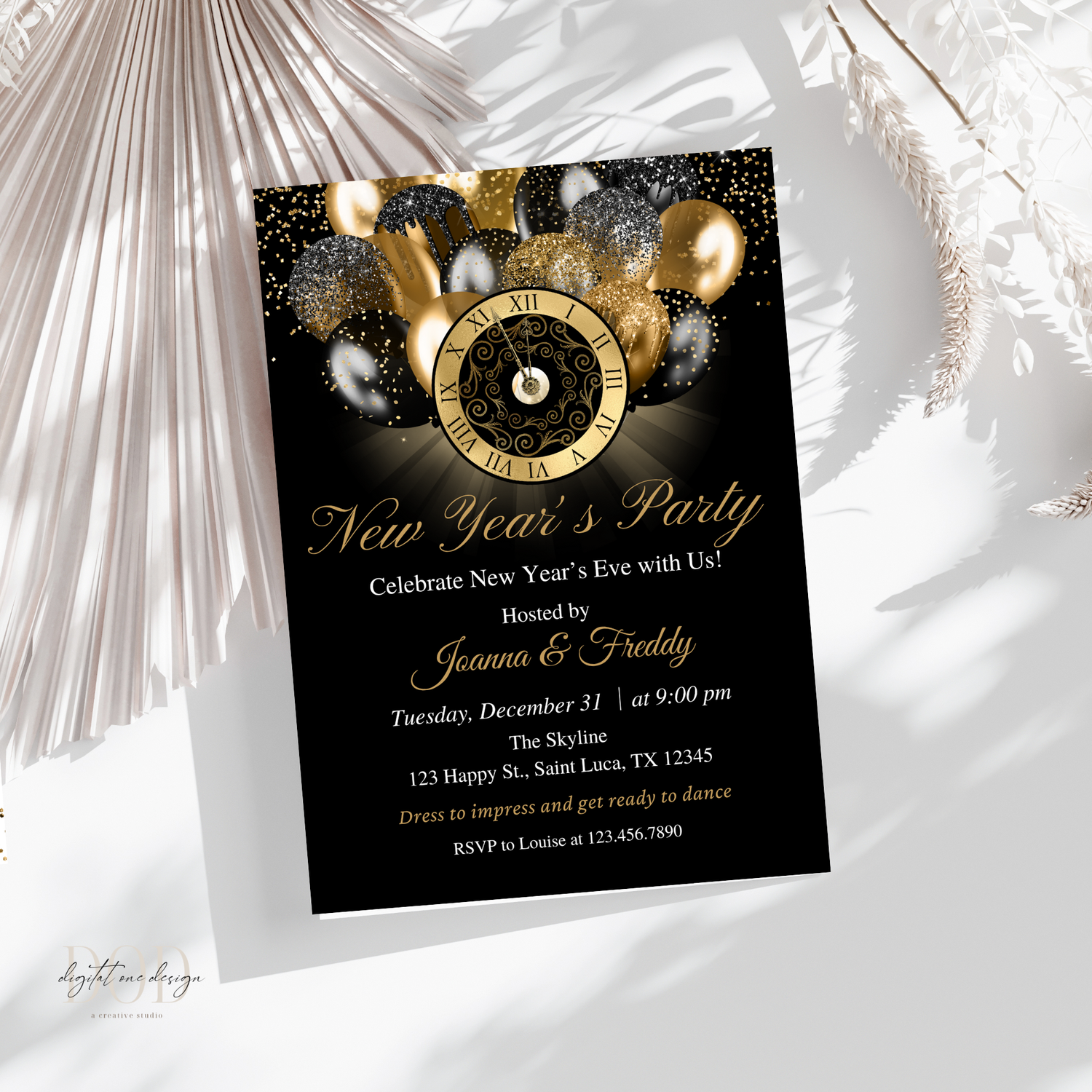 New Year editable templates featuring a stylish party invitation design with gold and black elements.