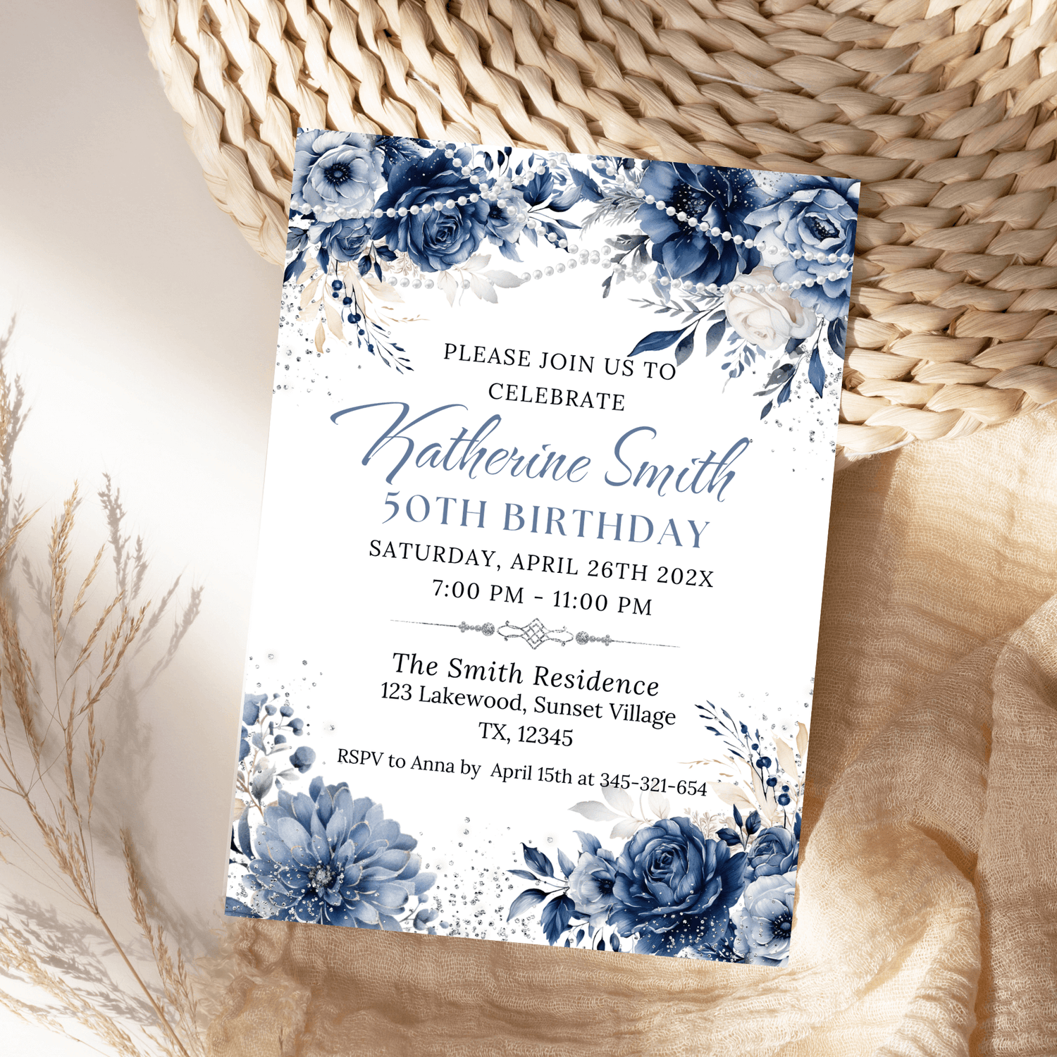 Blue Floral and Pearls Birthday Invitation