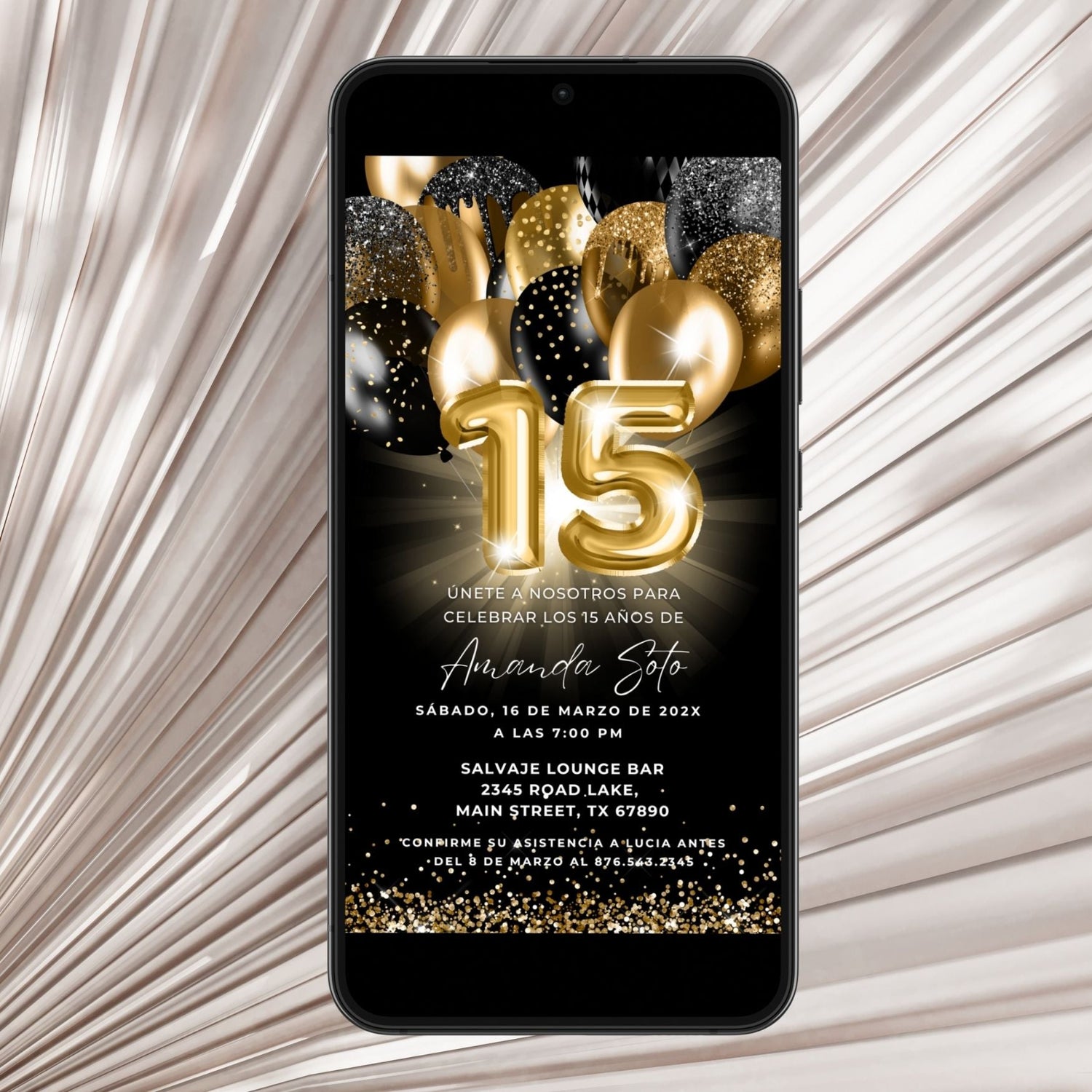 Editable Spanish Black & Gold  15th Birthday Party Invitation Template