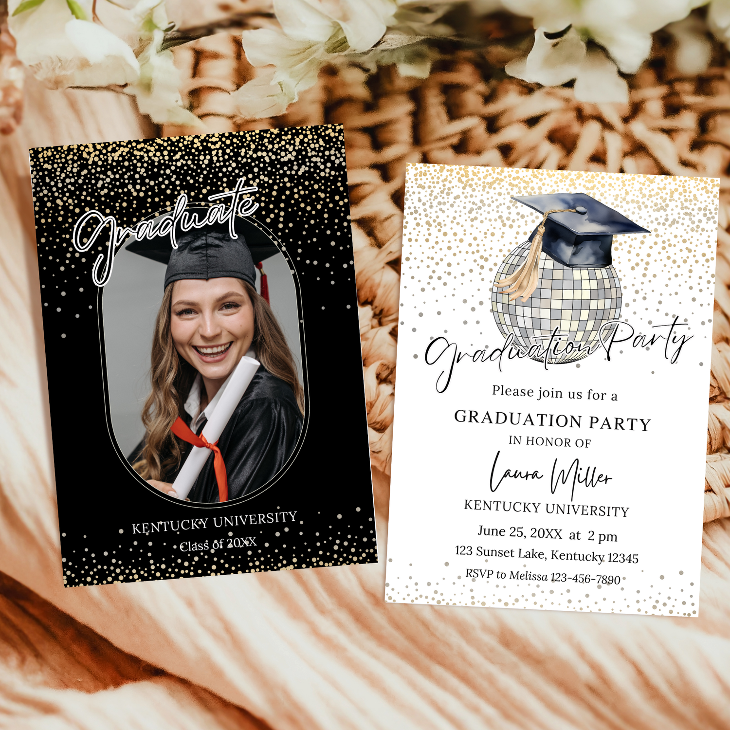 Editable Black and Gold Graduation Party Invitation with photo