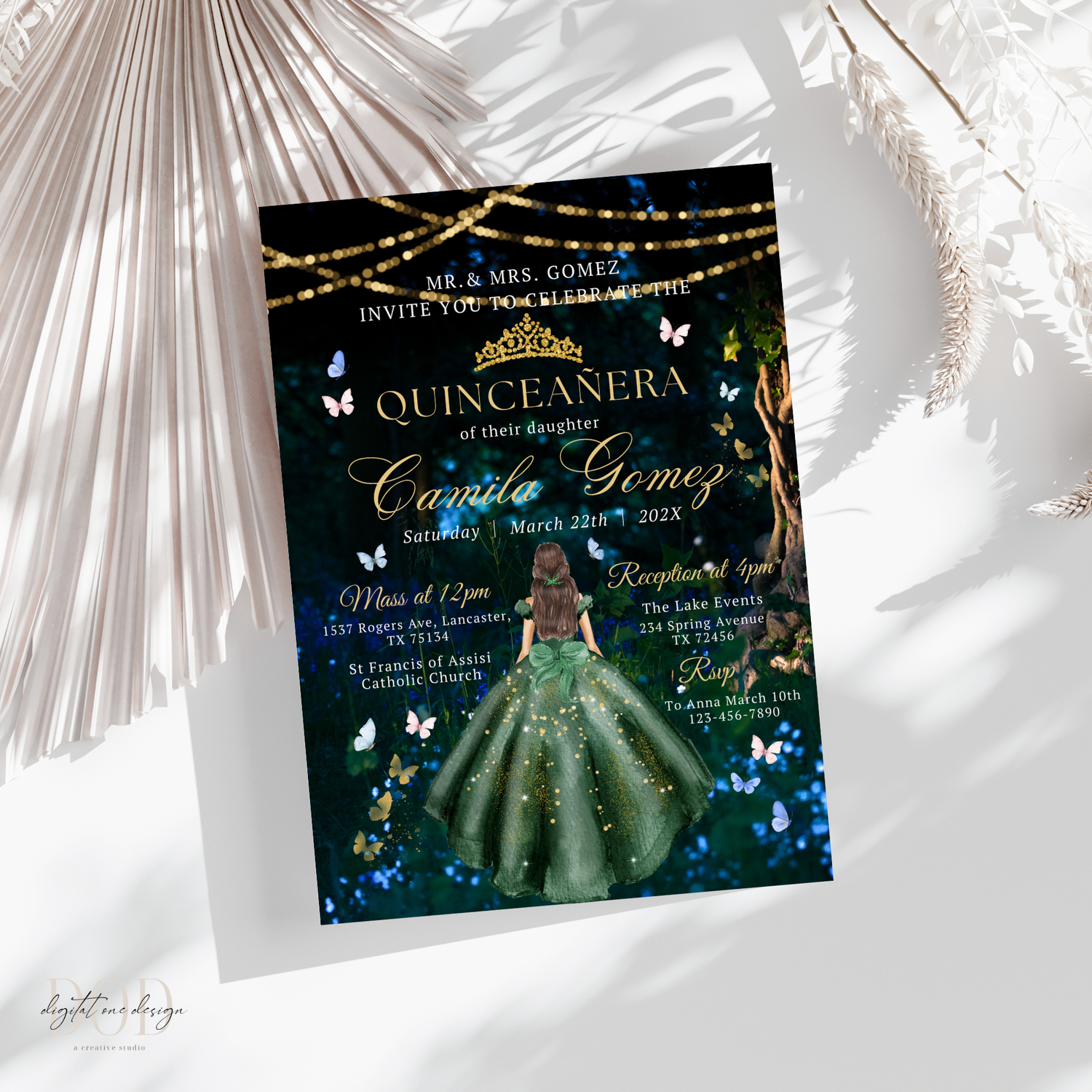 Enchanted Forest Green and Gold Quinceanera Party Invitation