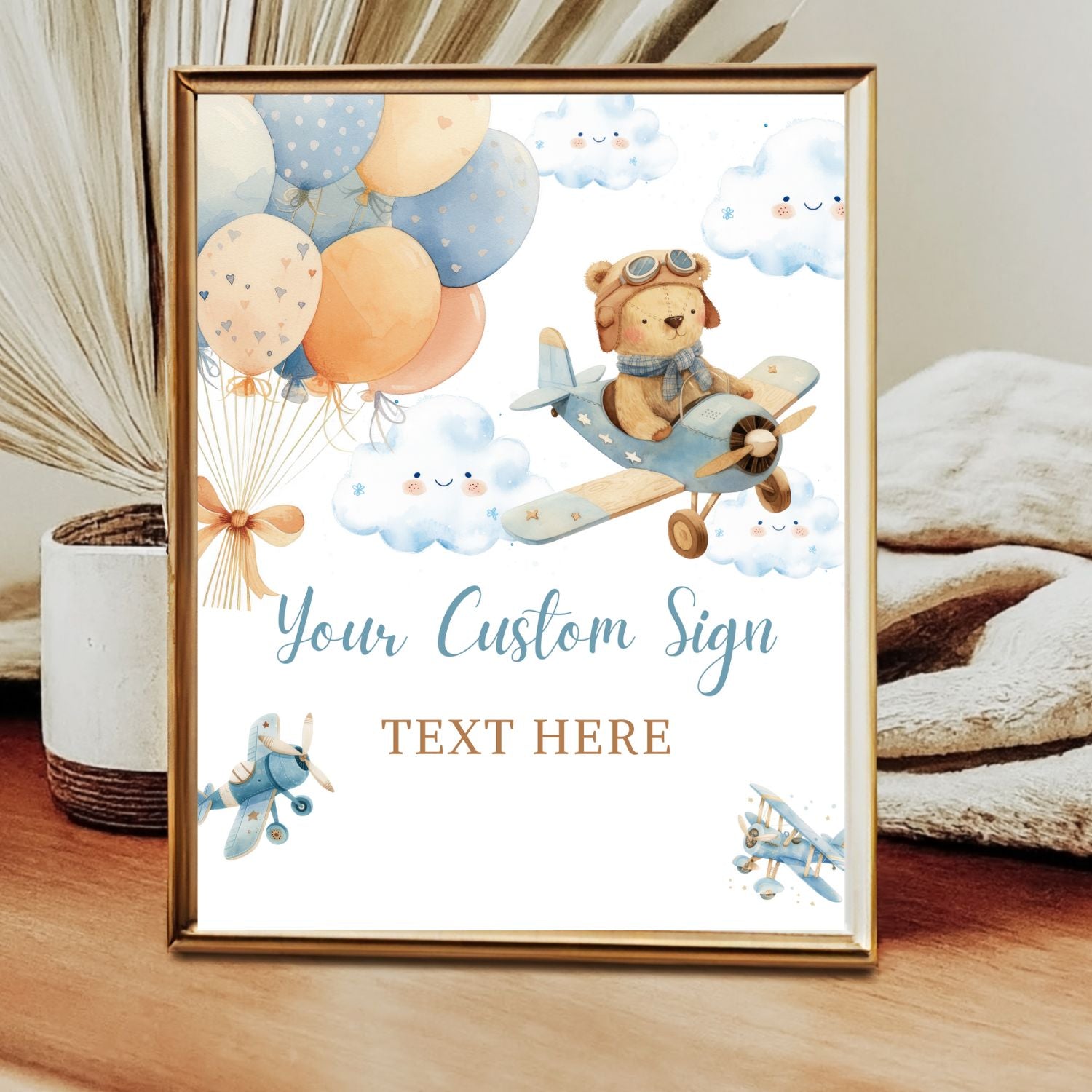 Editable blue airplane bear baby shower sign