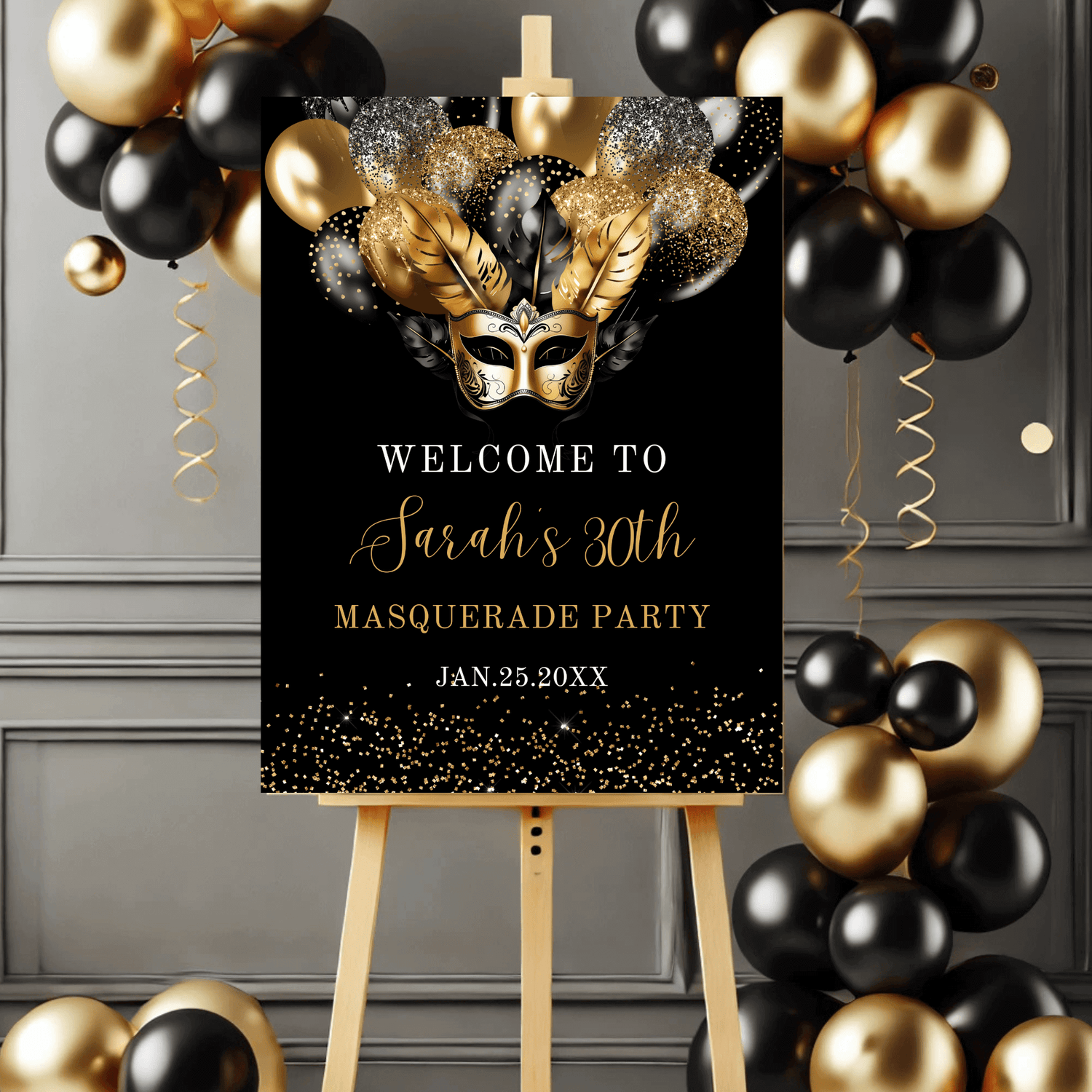 Black & Gold Masquerade Party Welcome Sign 