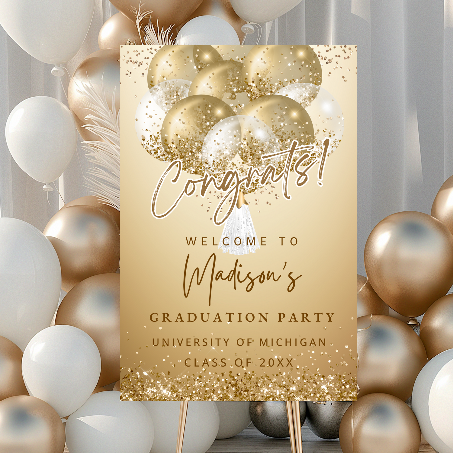 Elegant Gold and White Balloons Graduation Party Welcome Sign