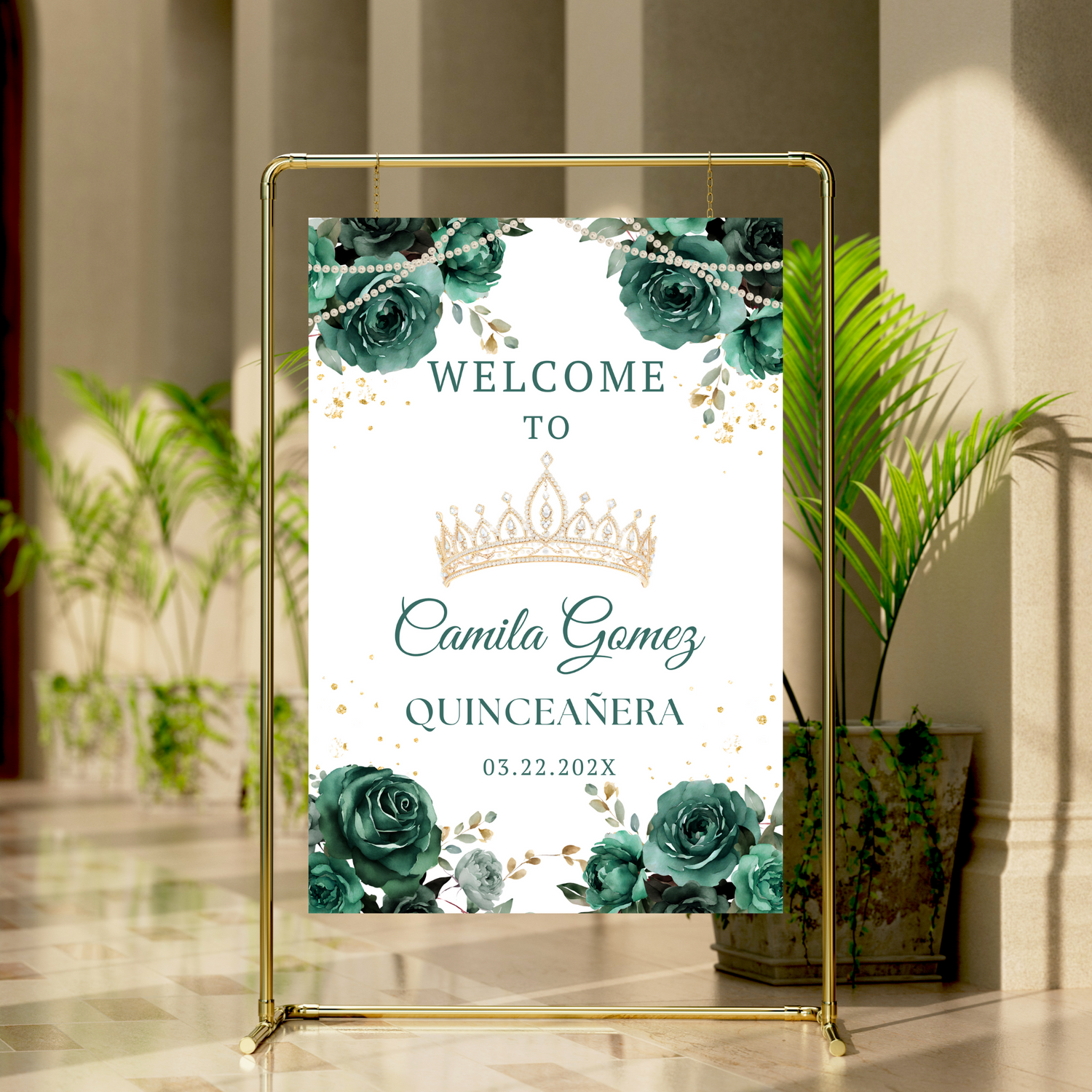 Green Floral and Pearls Quinceanera Welcome Sign