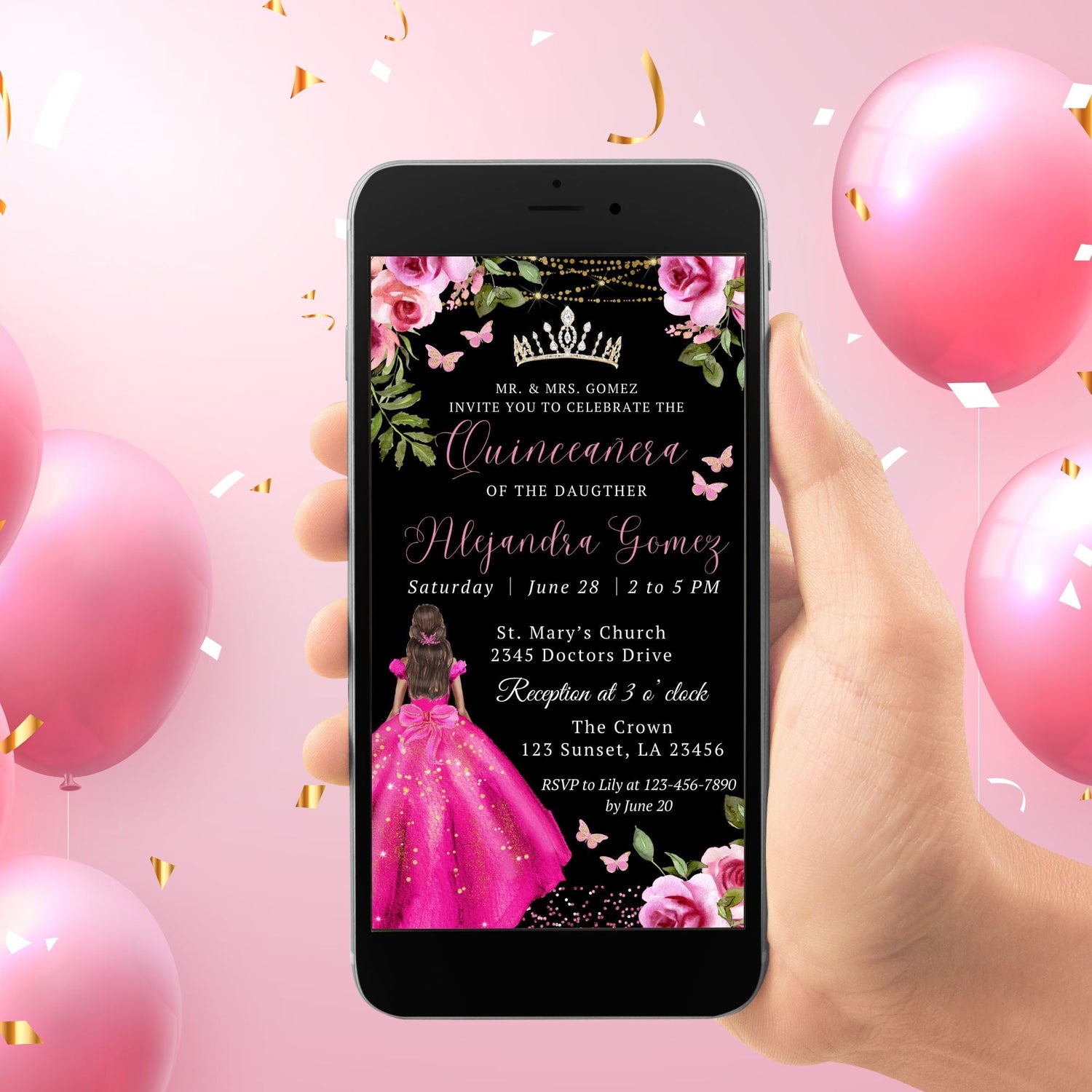Hot Pink Floral Quinceanera Birthday Party Invitation