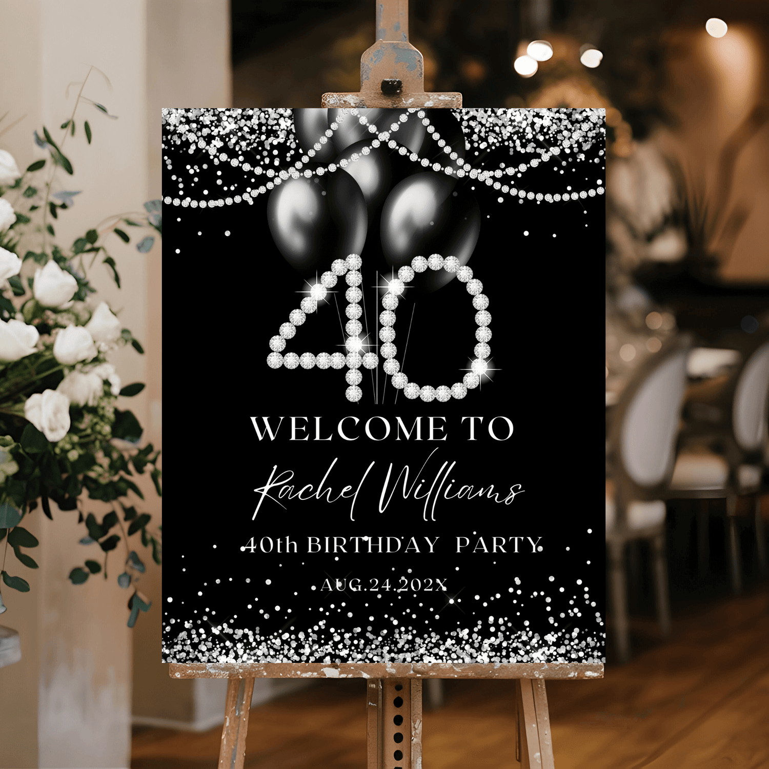 Elegant 40th Birthday Party Welcome Sign, Black & Silver 40th Birthday Poster