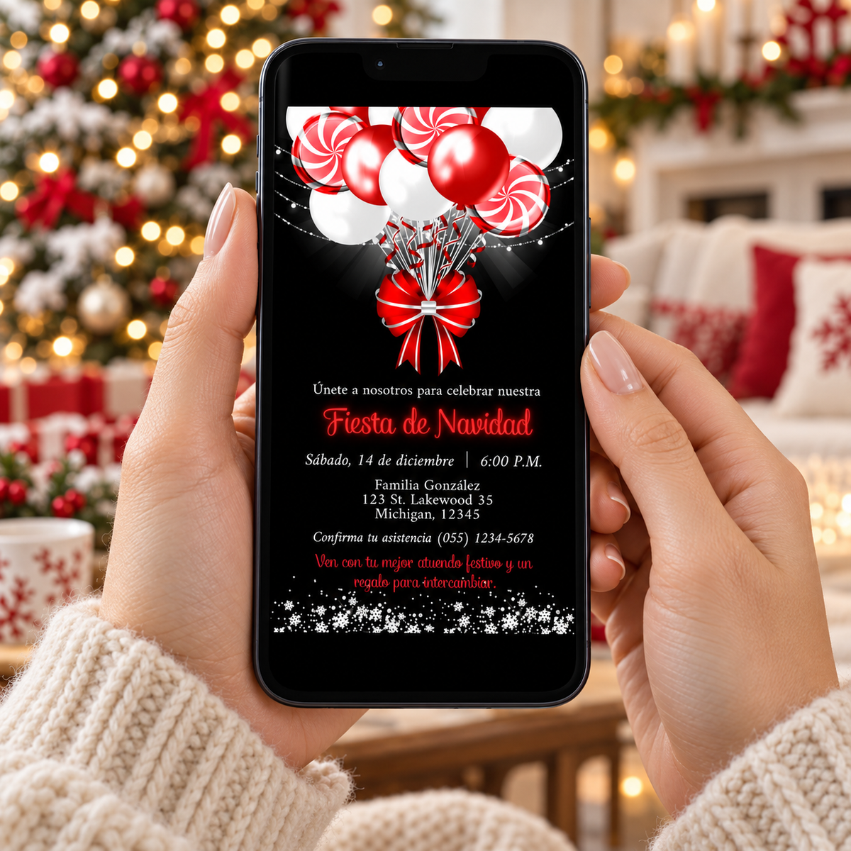 Editable Spanish Candy Cane Balloons Christmas Invitation displayed on smartphone for Fiesta de Navidad celebration.