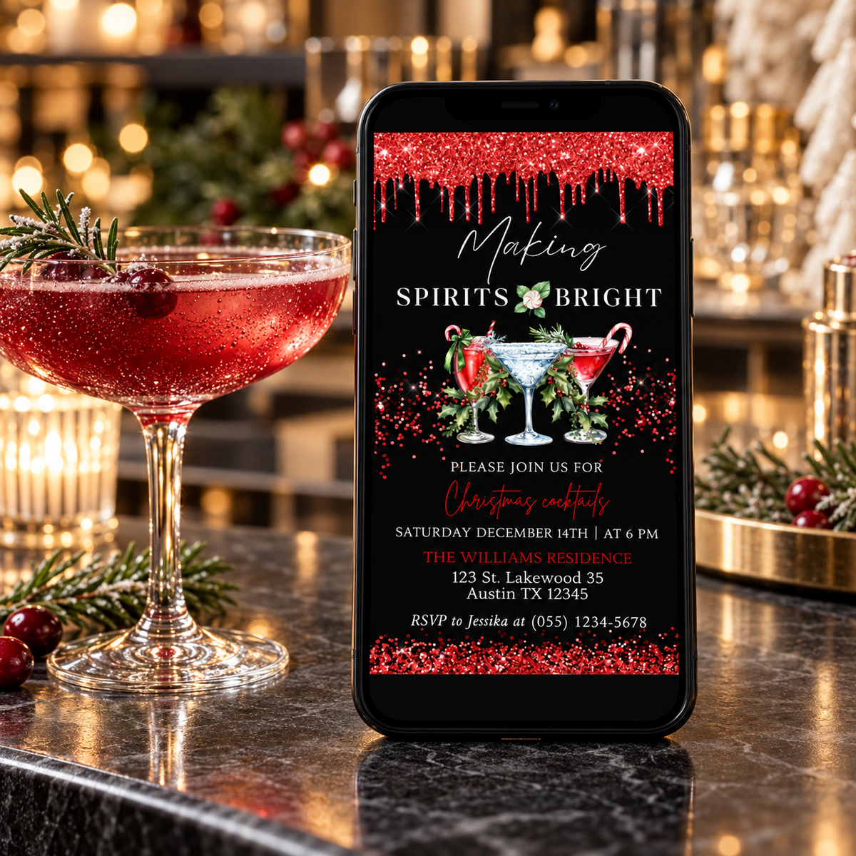 Digital Holiday Cocktail Party Invitation on a smartphone with festive cocktails and a holiday-themed background.
