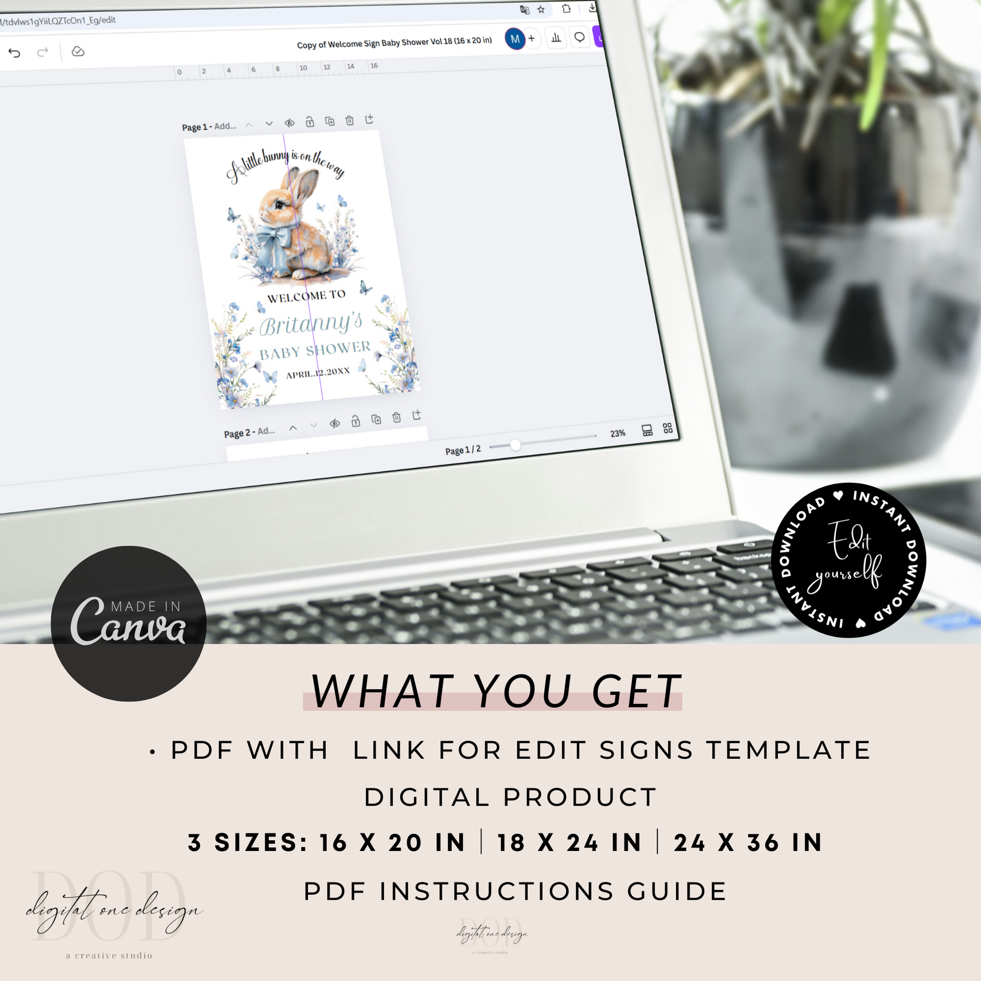 Laptop displaying a baby shower sign template with 'Made in Canva' branding.