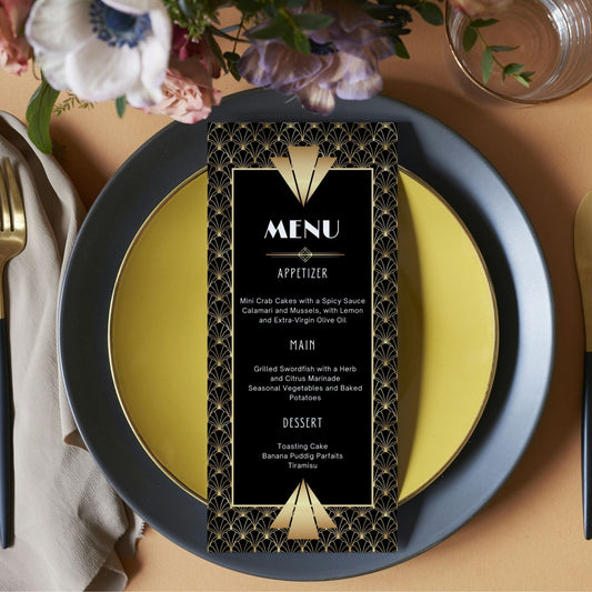 Editable Art Deco menu card template 