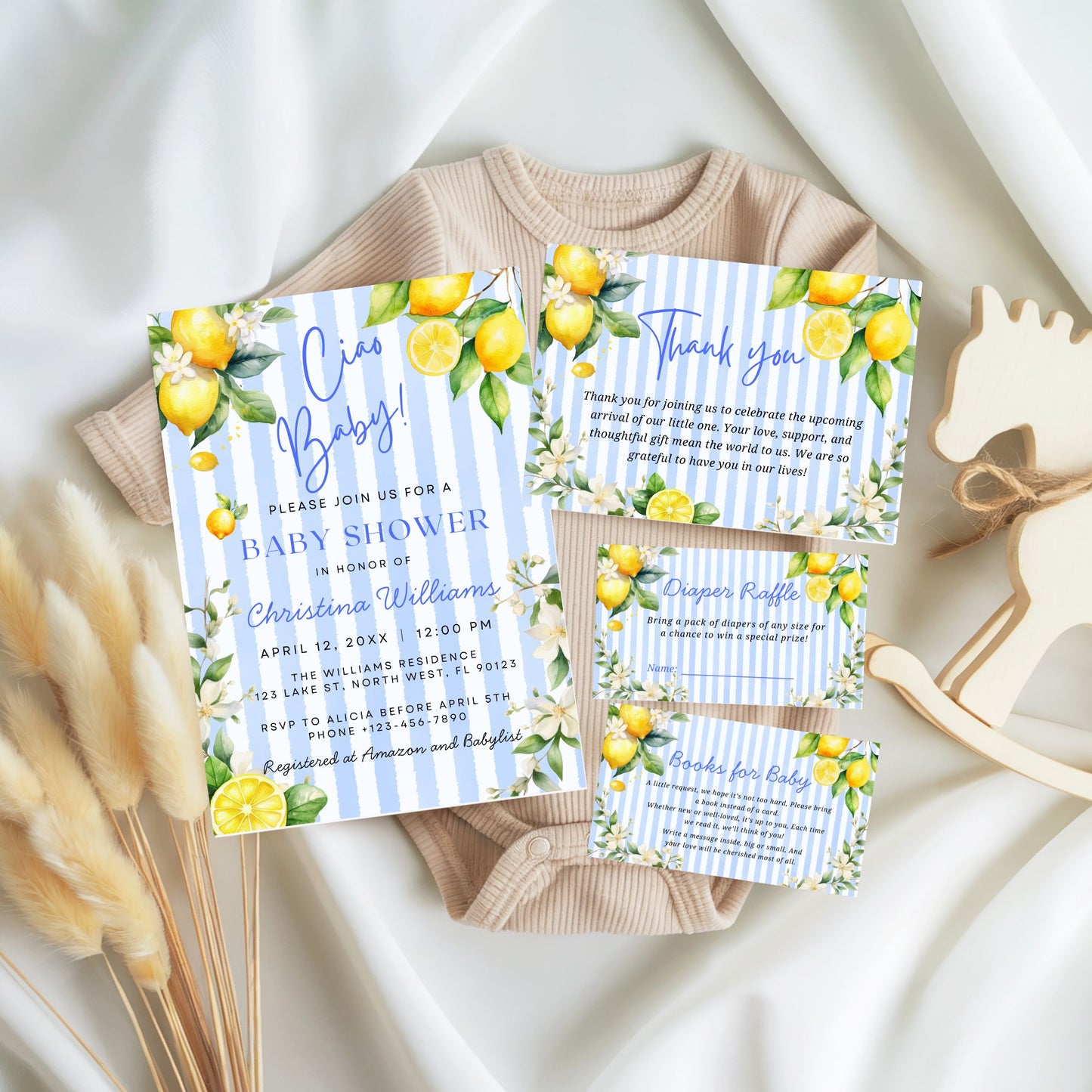 Ciao Baby Theme Blue Stripe and Lemons Baby Shower Bundle