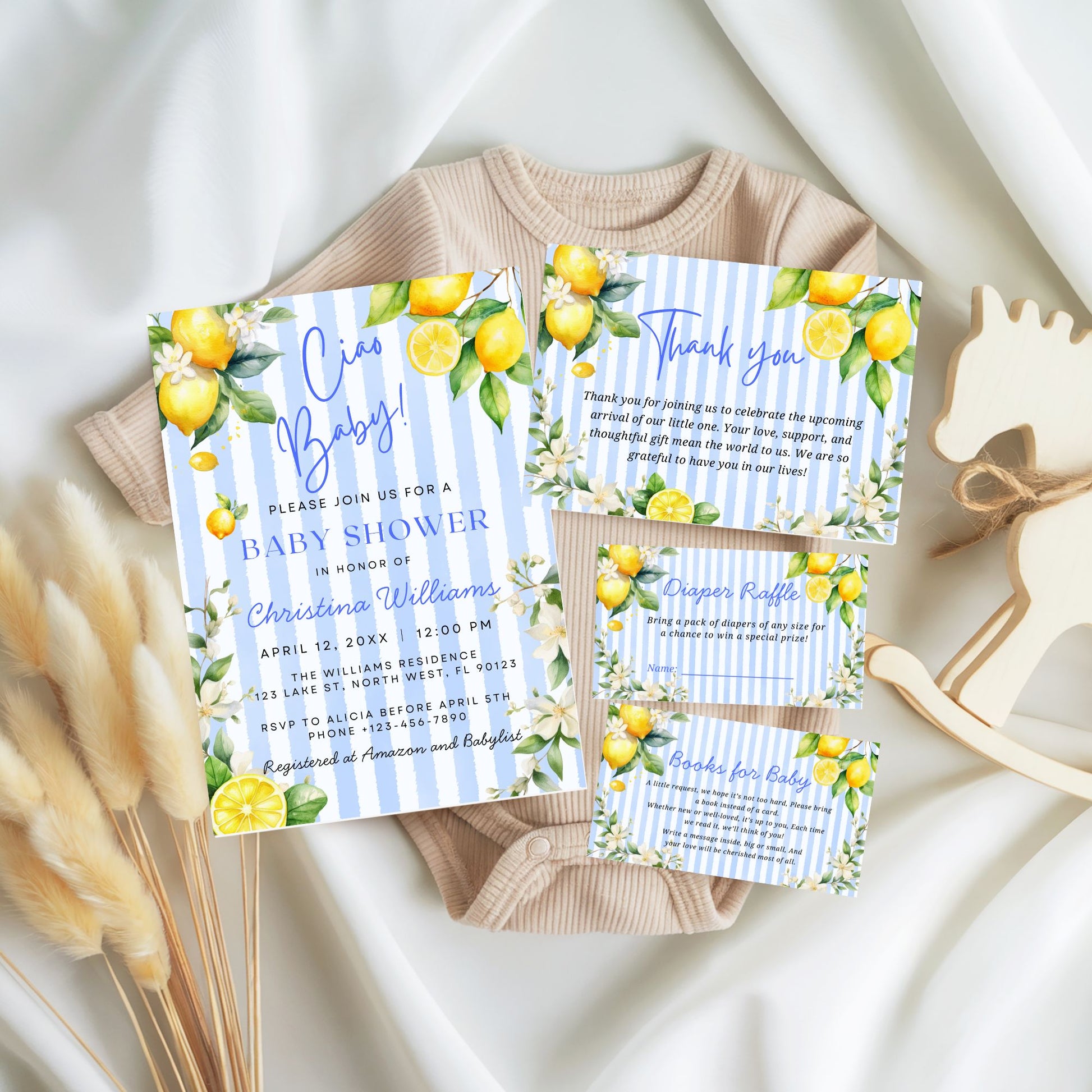 Ciao Baby Theme Blue Stripe and Lemons Baby Shower Bundle