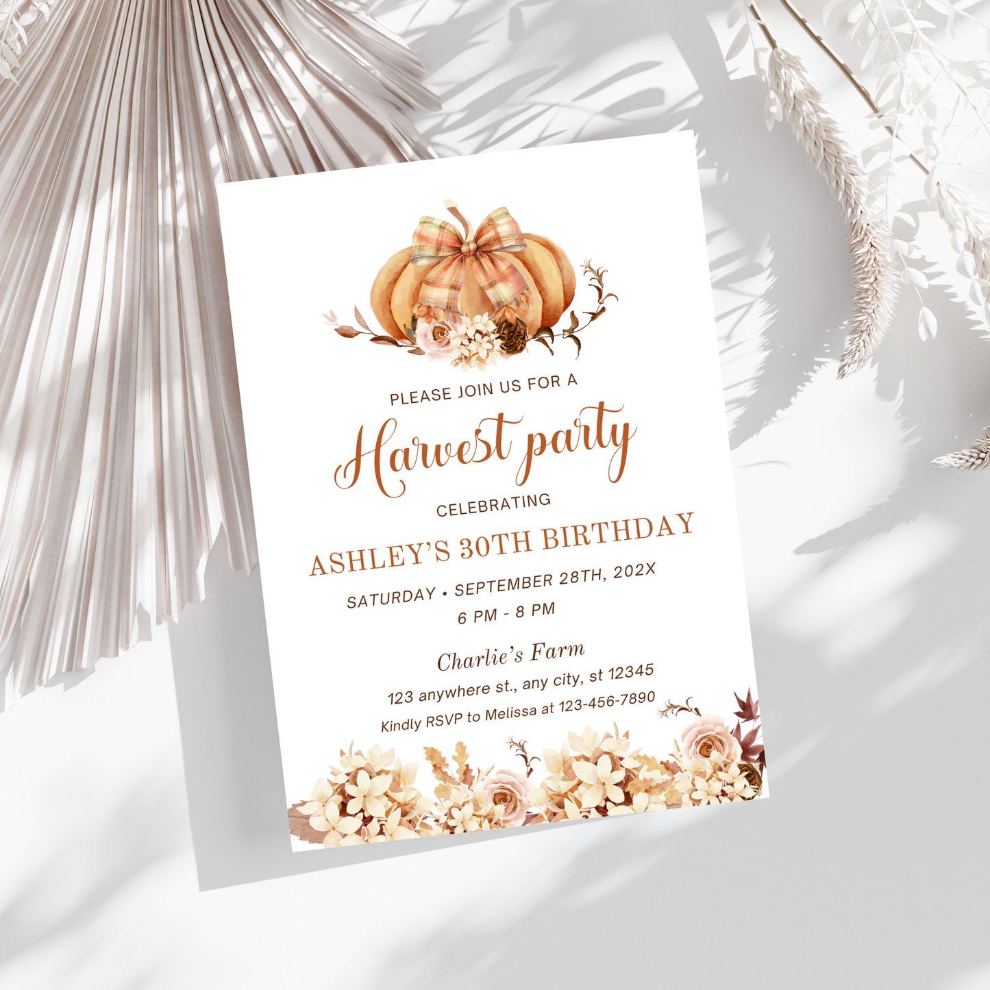 Editable Harvest Party Invitation with Bow and Pumpkin featuring autumn decorations and birthday details.