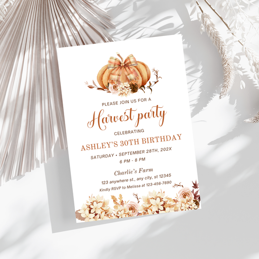 Editable Harvest Party Invitation with Bow and Pumpkin featuring autumn decorations and birthday details.