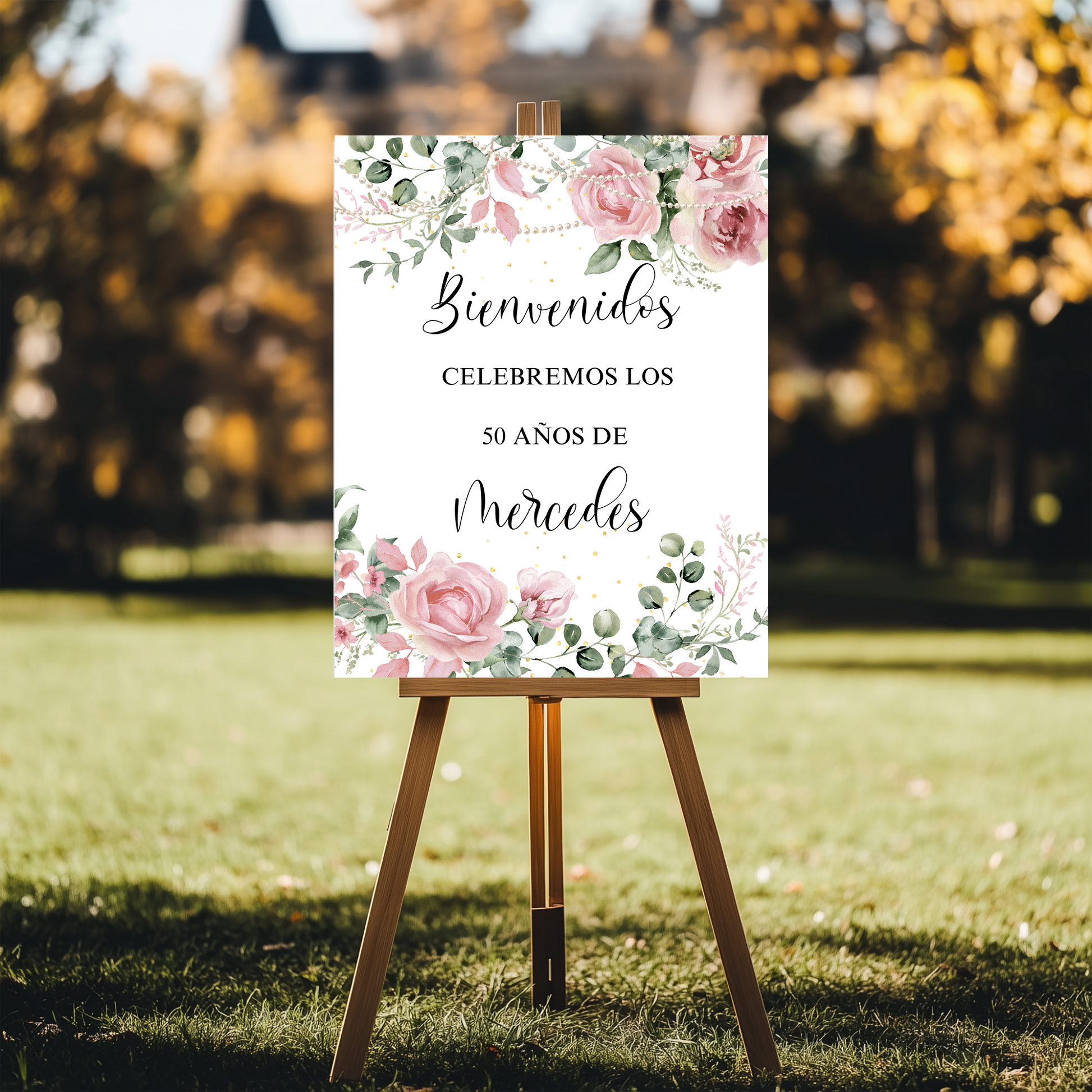 Decorative sign with Pink floral design on an easel outdoors