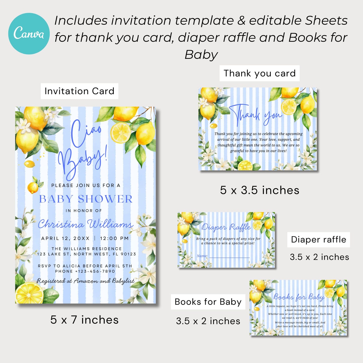 Ciao Baby Theme Blue Stripe and Lemons Baby Shower Bundle