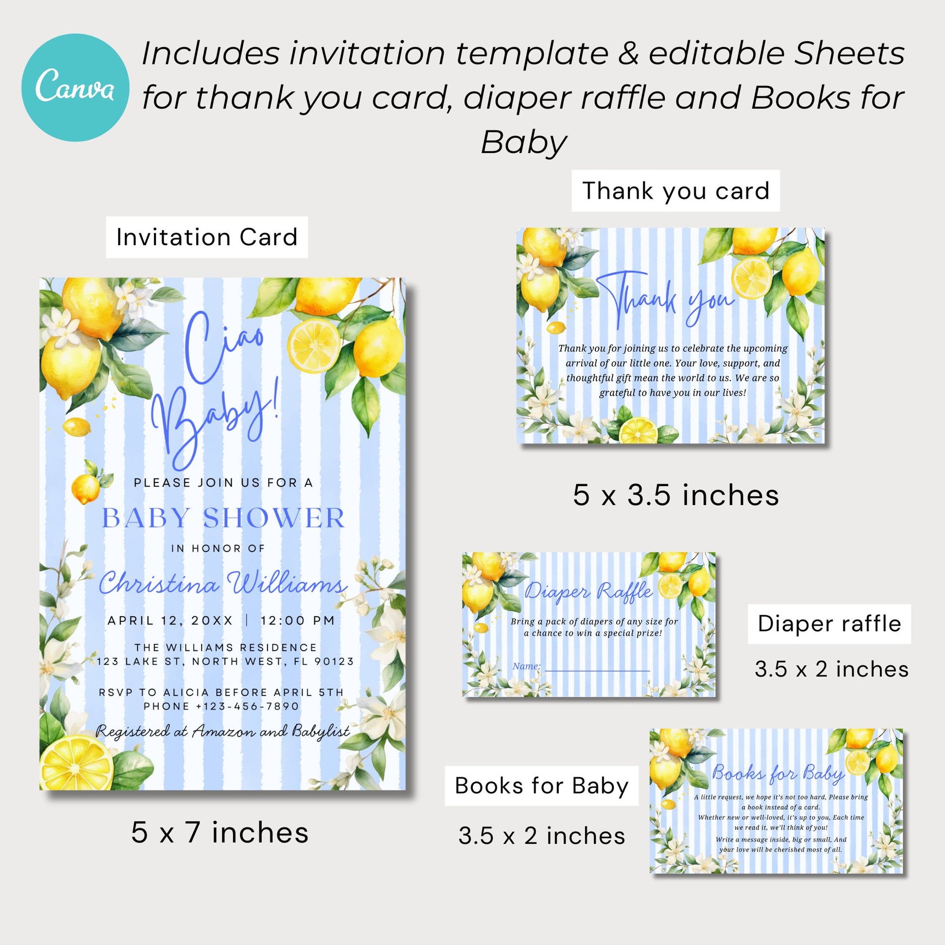 Ciao Baby Theme Blue Stripe and Lemons Baby Shower Bundle