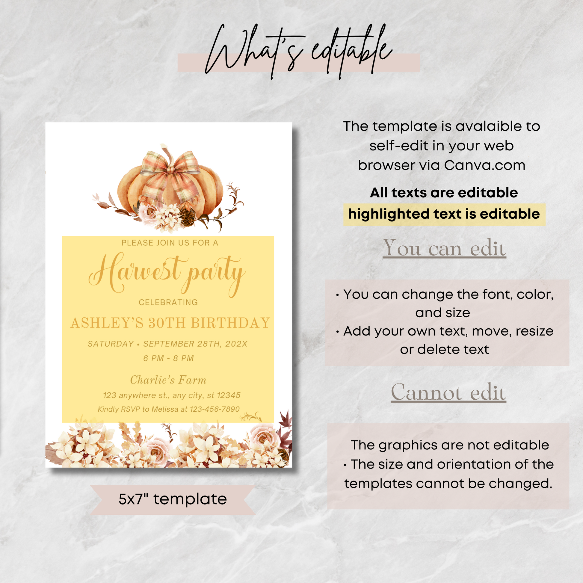 Editable Harvest Party Invitation with Bow and Pumpkin 