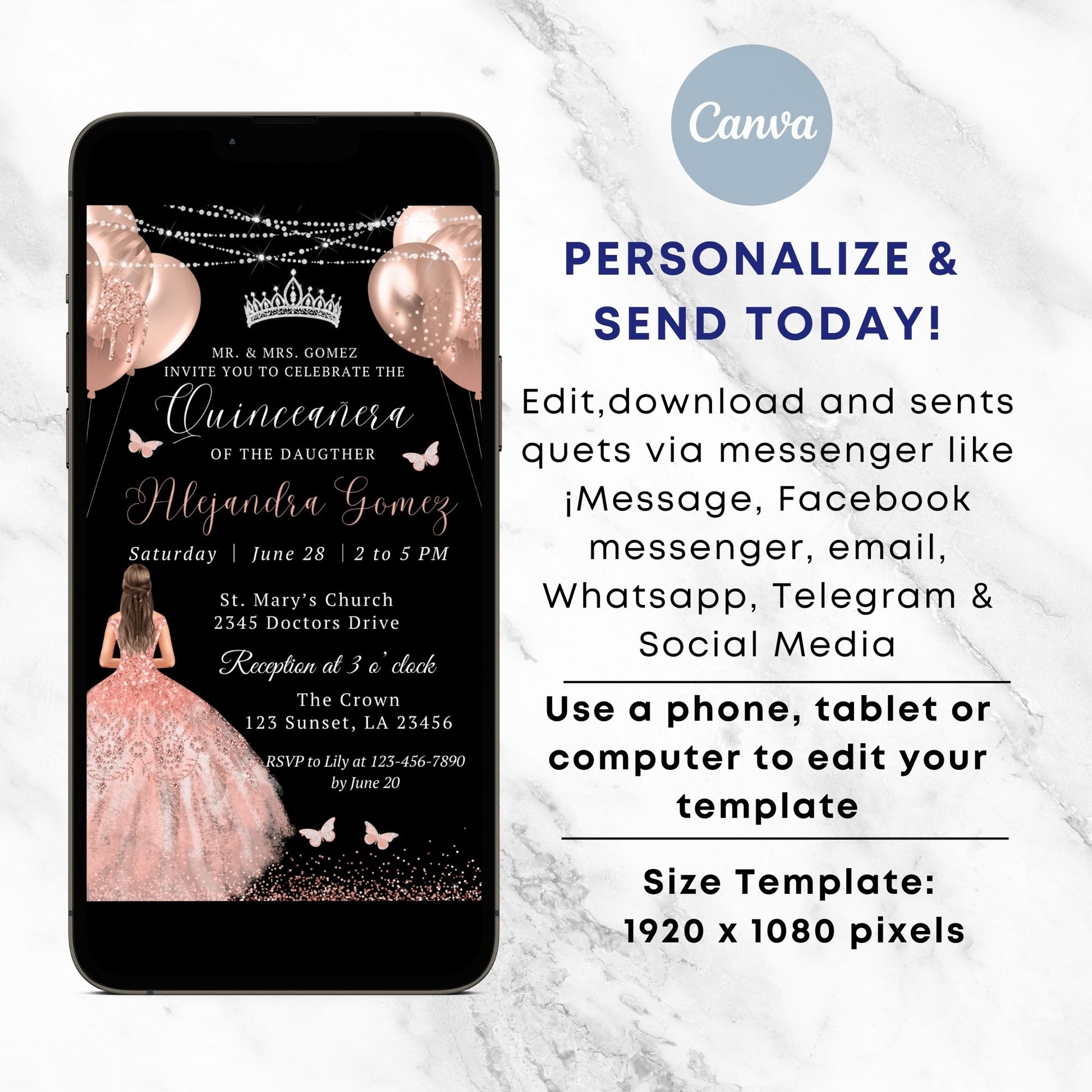 elegant rose gold quinceañera digital birthday invitation