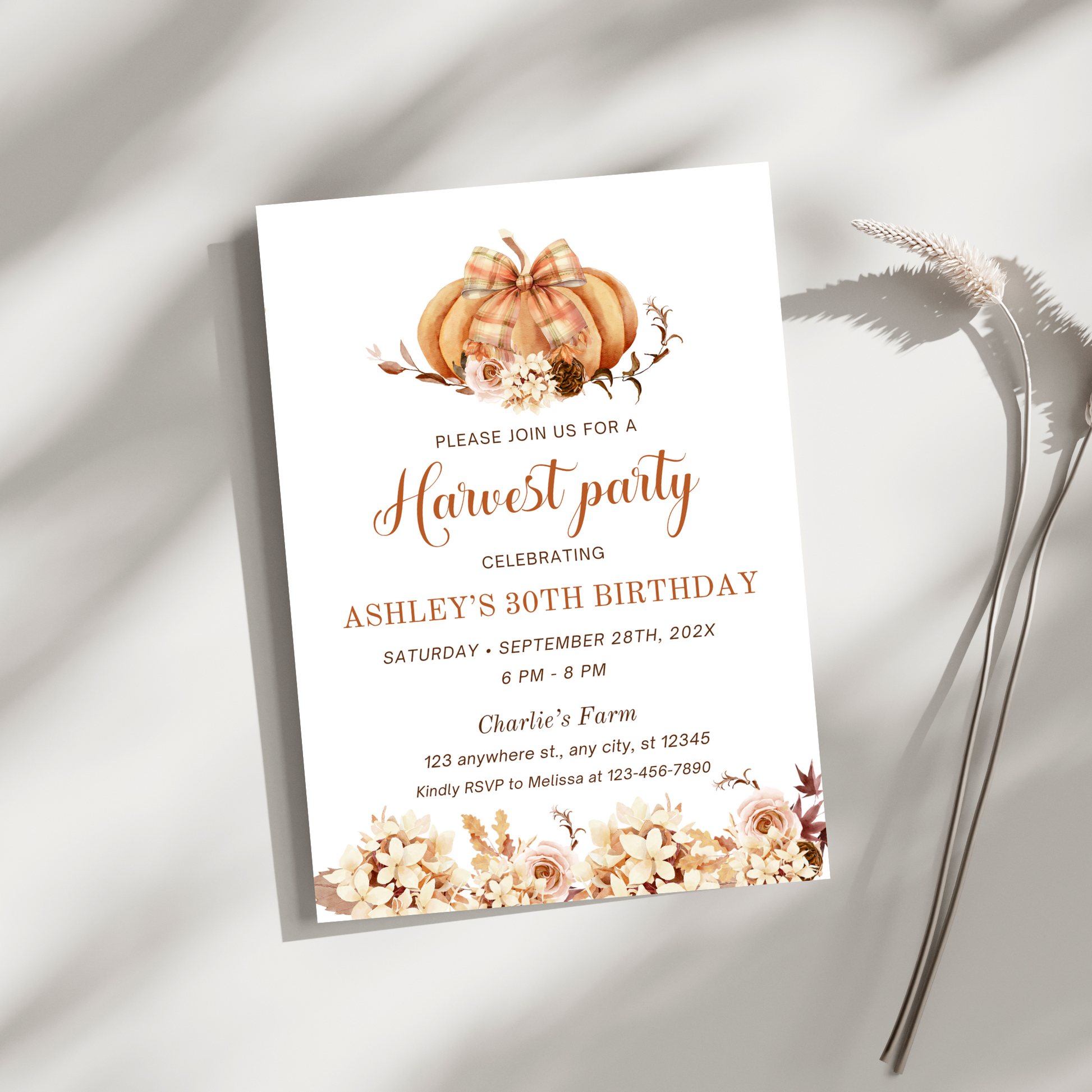 Editable Harvest Party Invitation with Bow and Pumpkin 