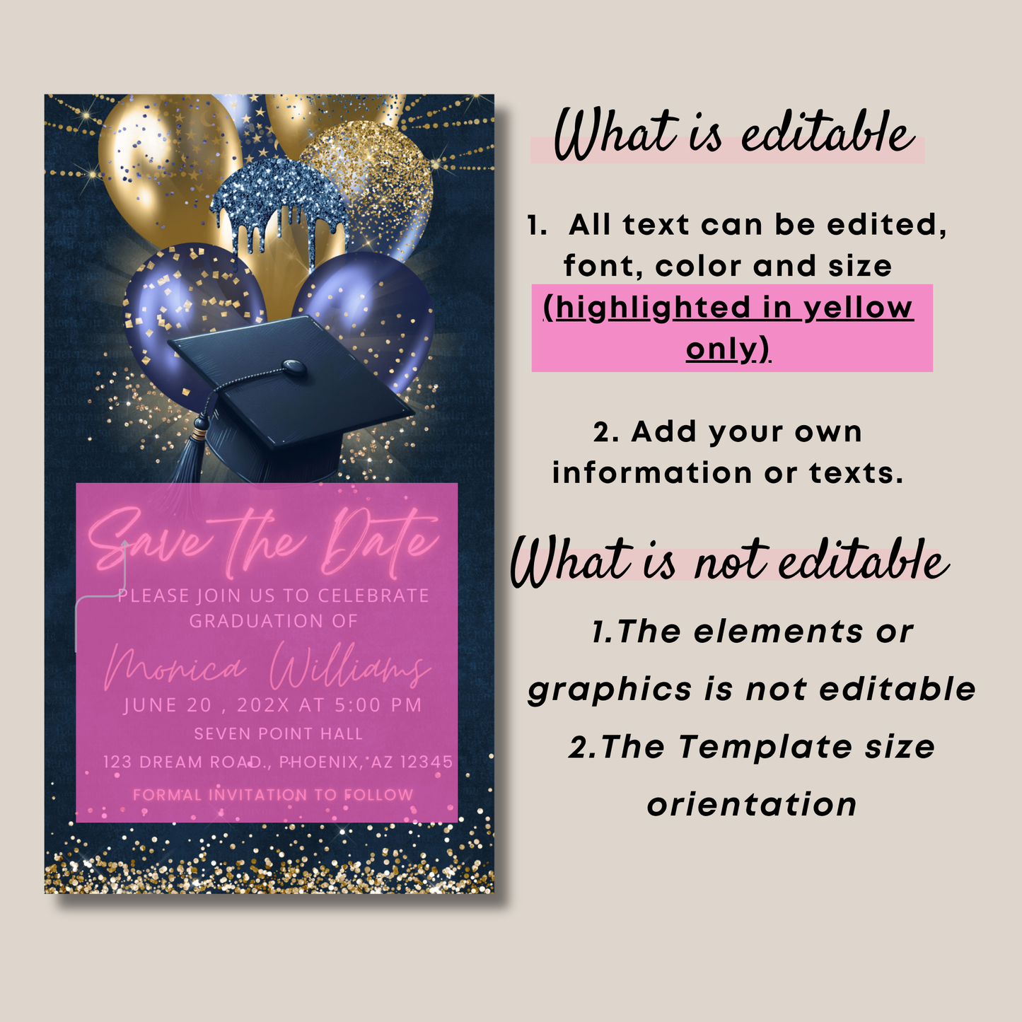 Elegant Navy Blue and Gold Graduation Save the Date Template