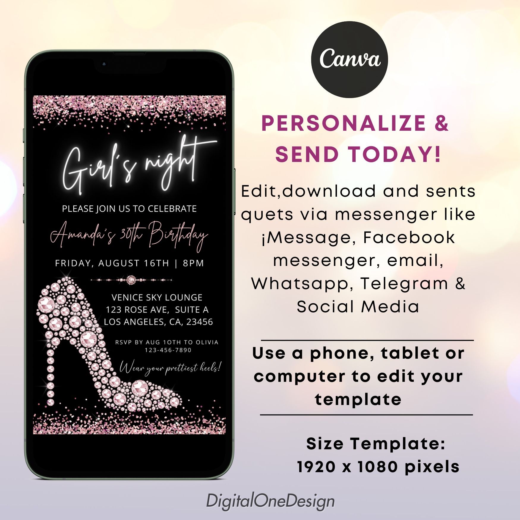 Glam Girls Night Birthday Party Invitation