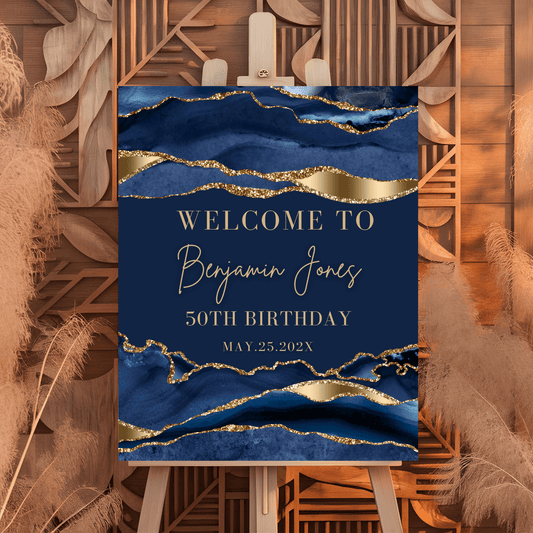 Navy Blue and Gold Birthday Welcome Sign
