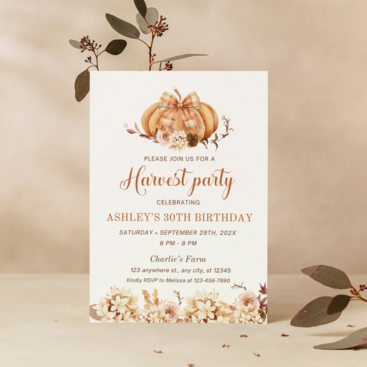 Editable Harvest Party Invitation with Bow and Pumpkin 