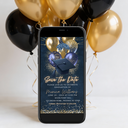 Elegant Navy Blue and Gold Graduation Save the Date Template
