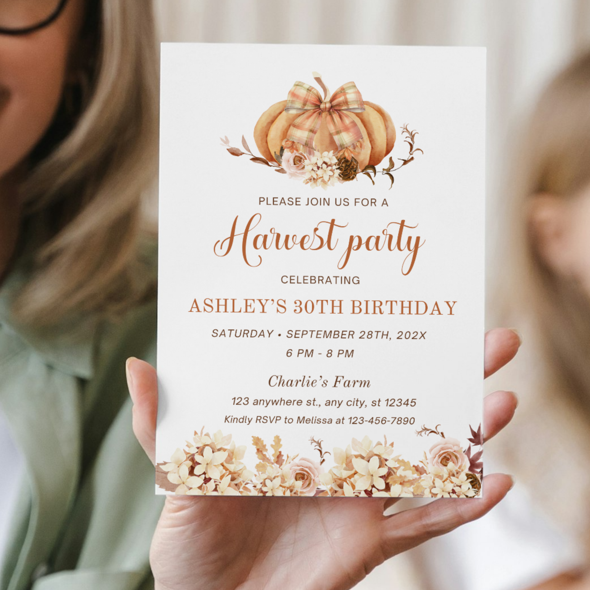 Editable Harvest Party Invitation with Bow and Pumpkin 