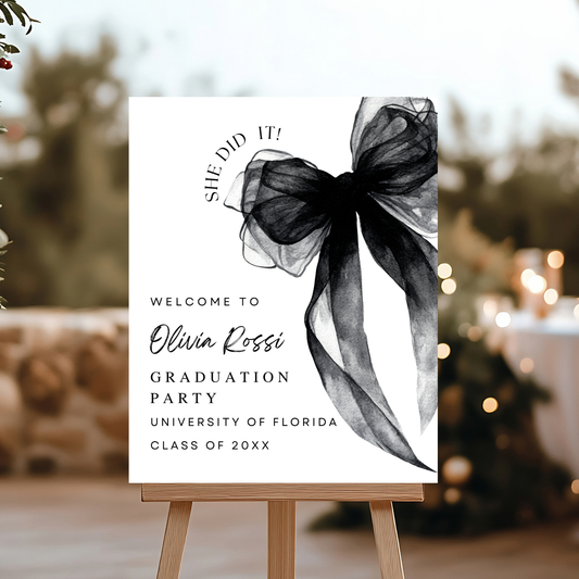 Watercolor Black Bow Coquette Graduation Welcome Sign