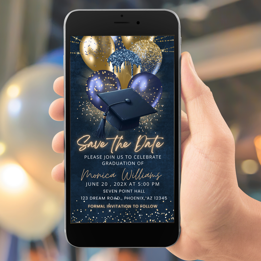 Elegant Navy Blue and Gold Graduation Save the Date Template