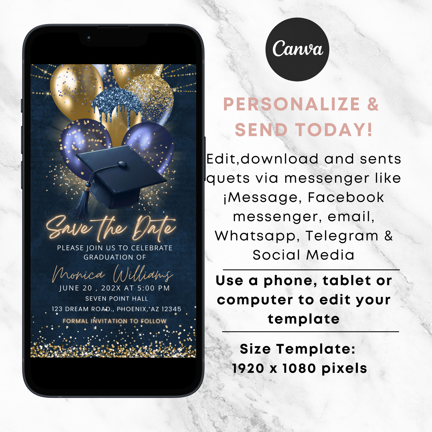 Elegant Navy Blue and Gold Graduation Save the Date Template
