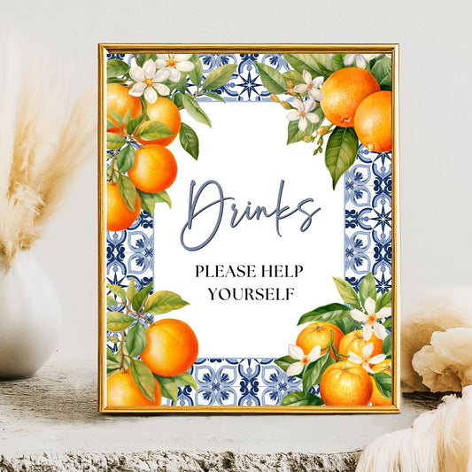 Decorative sign with Blue Tile oranges and flowers on a patterned background, featuring text 'Drinks Please Help Yourself'.