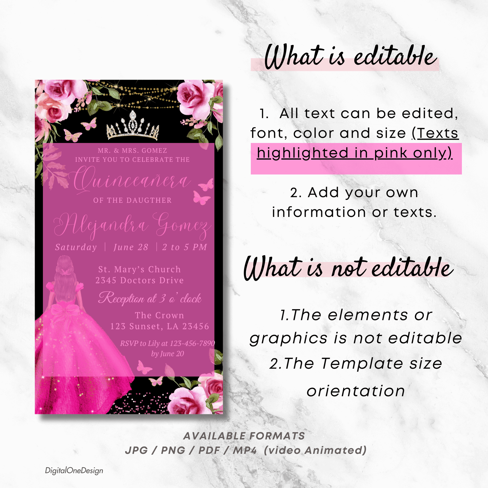 Editable Quinceanera Birthday Evite