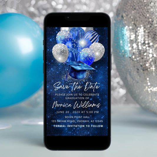 Royal Blue Glitter Graduation Save the Date Video Invite