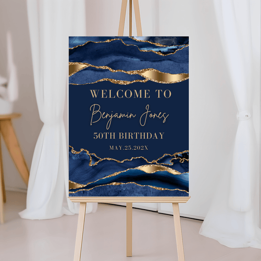 Elegant Navy Blue Gold Agate Poster