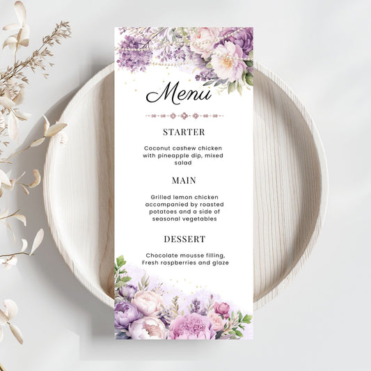 Menu card with purple floral and pearls design on a white plate