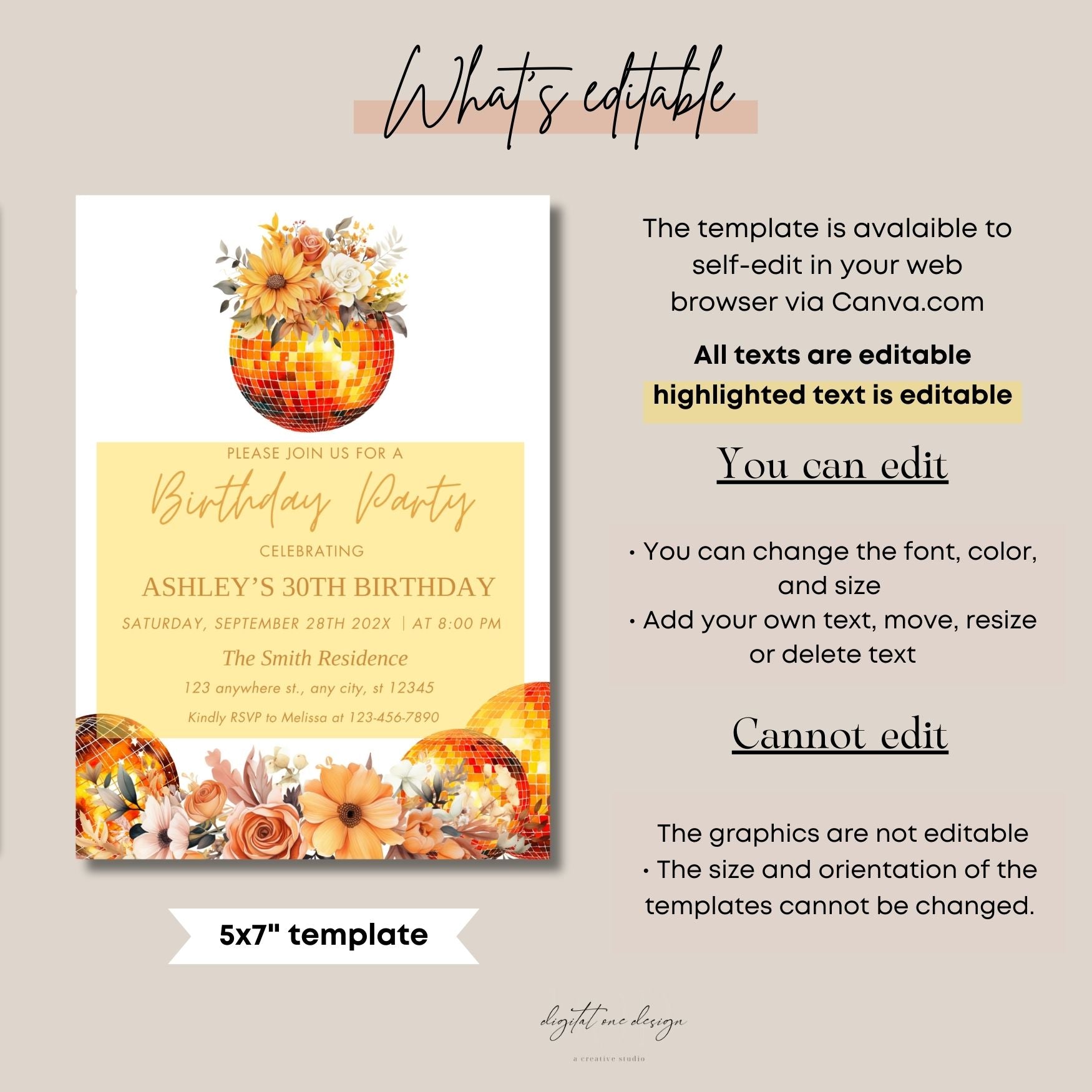 Printable Orange Disco Ball Birthday party invitation template with editable text on a beige background