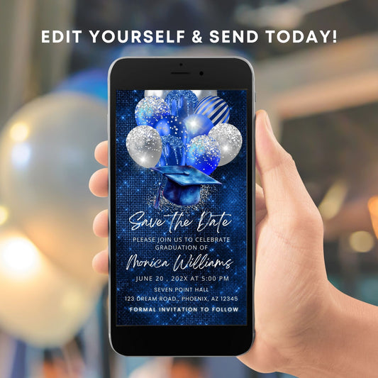 Royal Blue Glitter Graduation Save the Date Video Invite