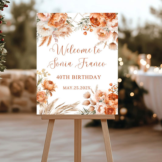Decorative birthday sign with Coral floral design on an easel outdoors.