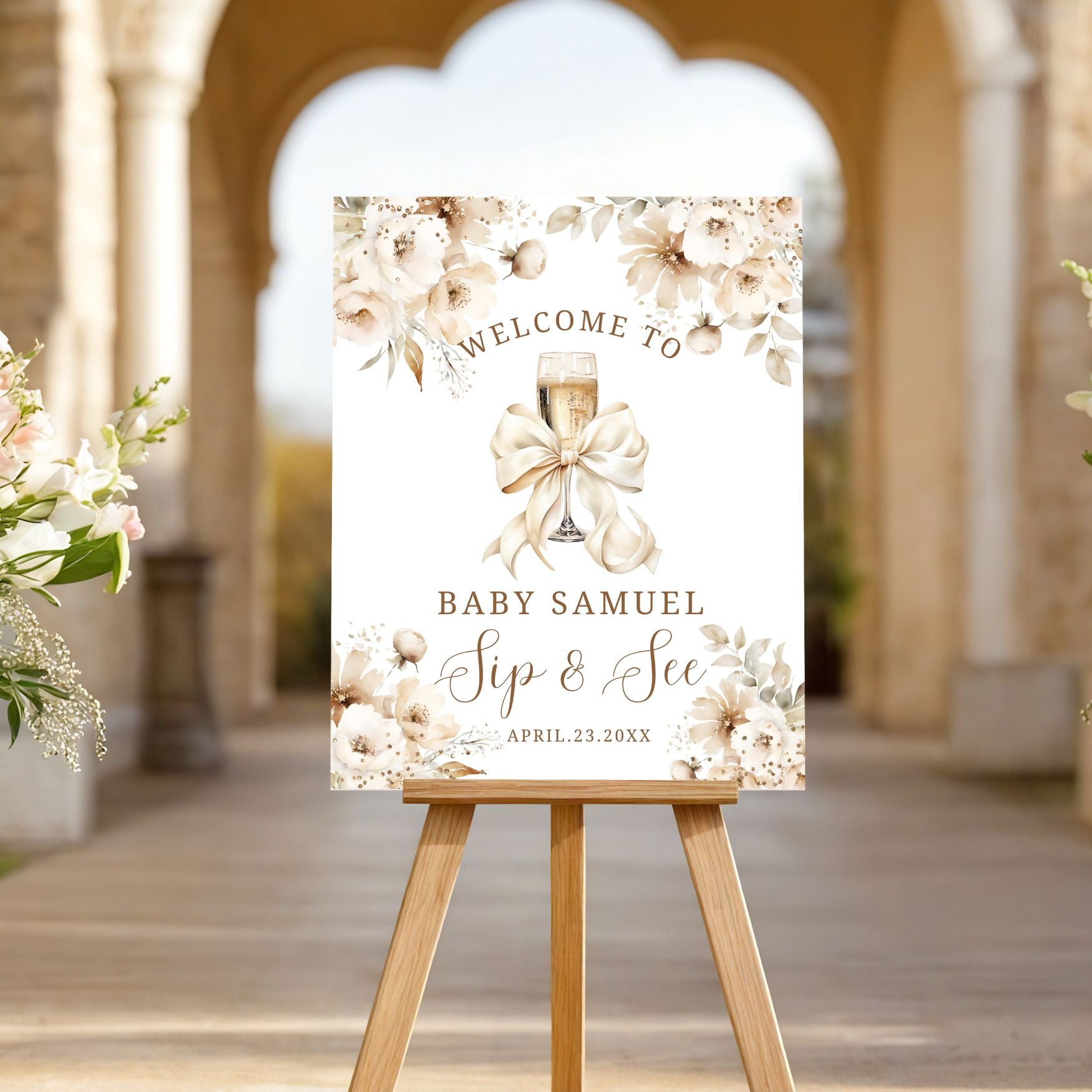 Elegant Boho Floral Champagne Baby Welcoming Sign