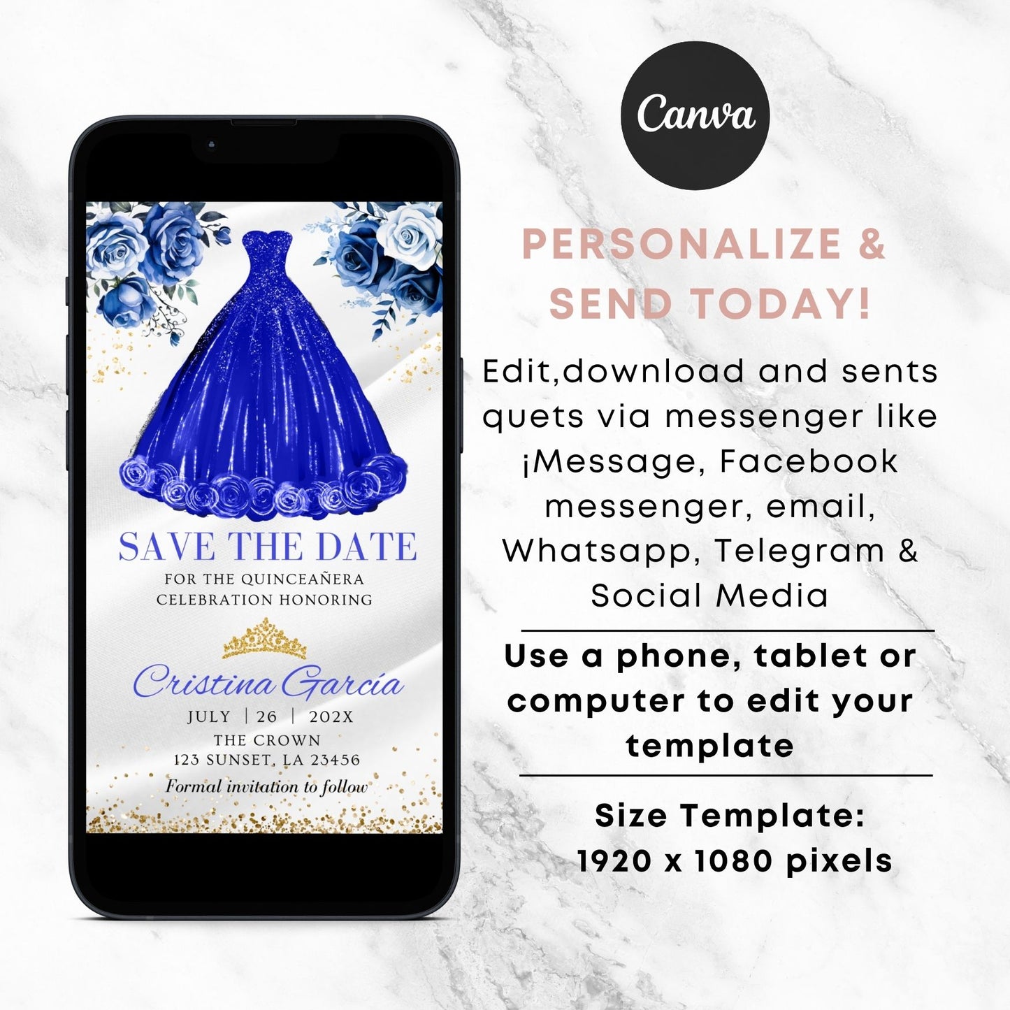 Phone displaying a 'Save the Date' invitation with a Royal blue dress and floral elements, on a marble background.