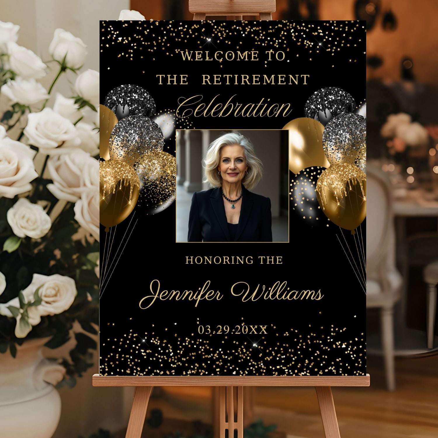 Editable Black and Gold Retirement Welcome Sign with photo