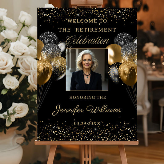 Editable Black and Gold Retirement Welcome Sign with photo