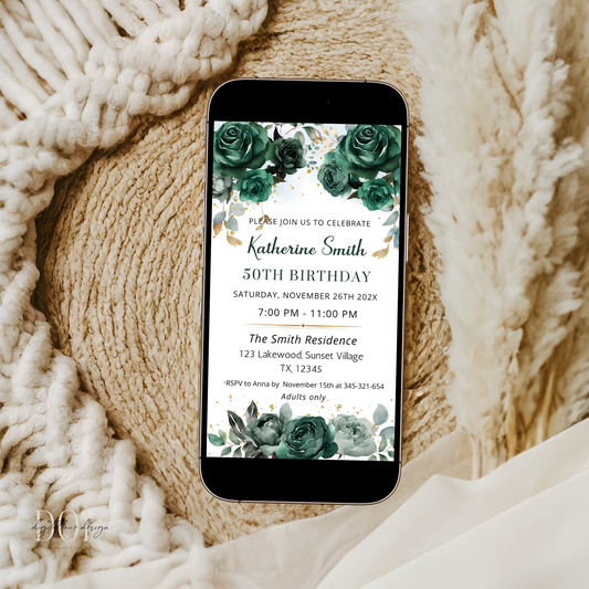 Elegant Emerald Green Floral Birthday Invitation